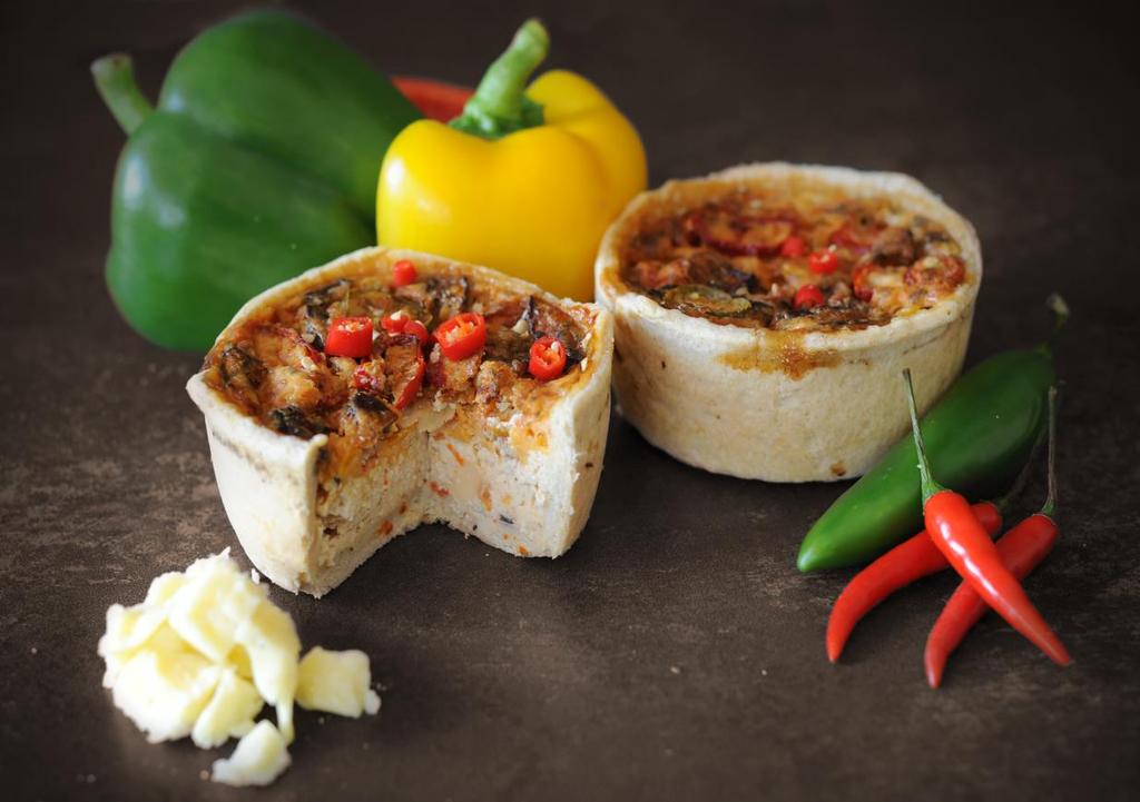 Hot Chilli with Sweet Pepper Quiche Hot Chill with Sweet Pepper Quiche Individual 190g, 6 inch 400g, A vegetarian pastry case crust with a delicious mixture of hot chillies