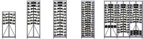Xi Counter basic rack: 610 x 1100 x 585 mm (W x H x D) = bar table height extension rack: 580 x 1100 x 585 mm (W x H x D) standard specification 4 Xi levels for 13 bottles each = 52 bottles maximum