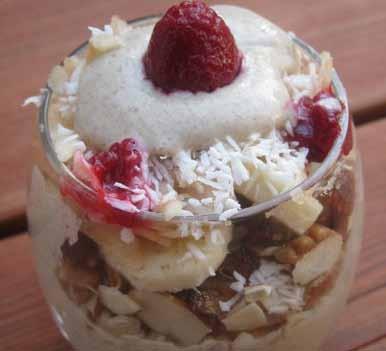 Fruit and Nut Parfait shredded apple small amounts of various nuts raw coconut chopped dates and raisins sliced banana raspberries cashew cream (recipe below) Place one layer of cashew cream on the