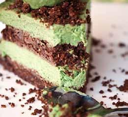 Pepperminty Layer Cake Chocolate Layer: 2 cups walnuts ½ cup almonds (or more walnuts) 1 cup dates (soaked 30 minutes and drained) ¼ cup cocoa or cacao powder Place walnuts and almonds into a food