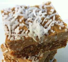 Banana Coconut Squares 1 cup cashews 1 cup dates (soaked 30 minutes and drained) ½ cup desiccated coconut plus a little for decoration Process cashews in food processor until they resemble