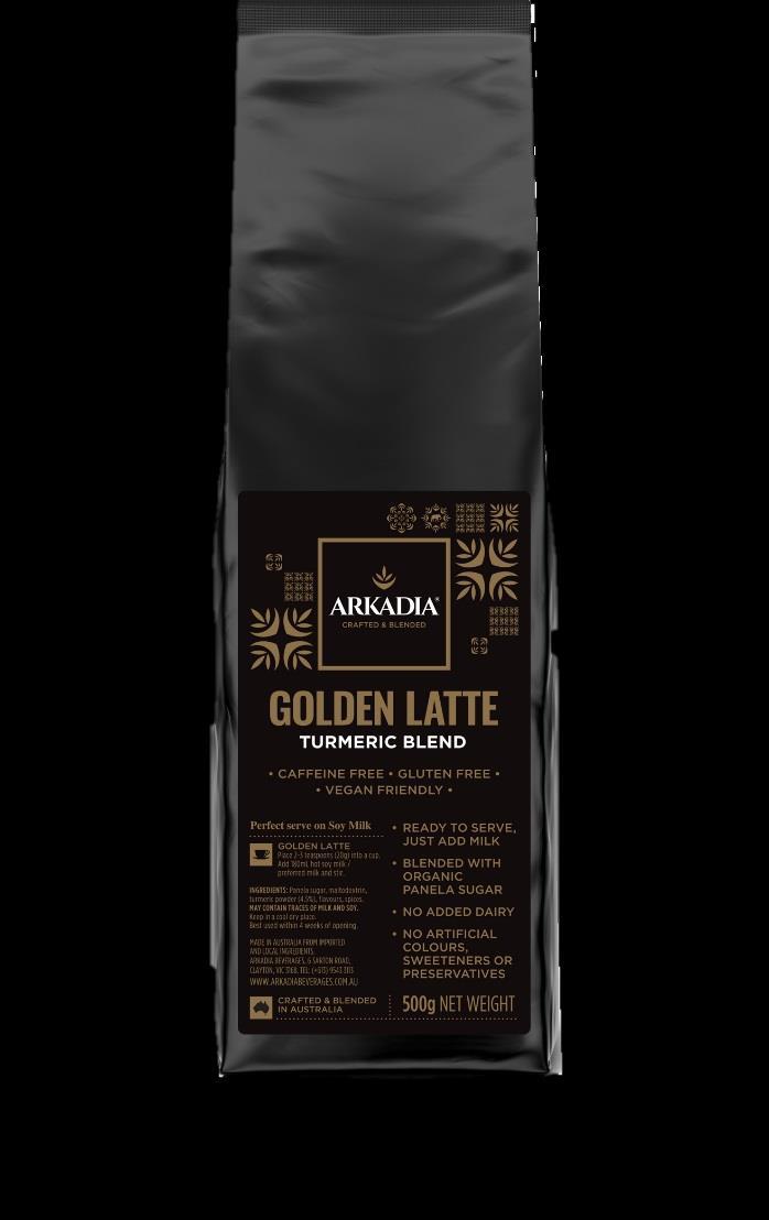 Golden Latte Turmeric Blend Experience the healthy goodness of Arkadia Golden Latte. Featuring a Turmeric blend, this golden beauty is fast becoming the preferred choice for a morning pick-me-up.
