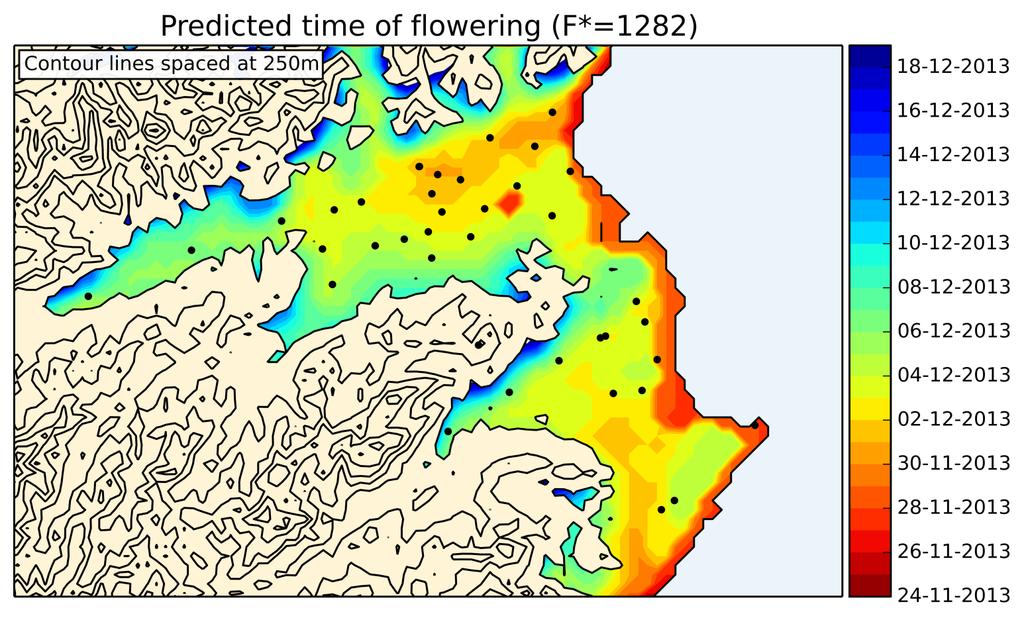 Extend predictions to a region-wide level Isochrone map of the date on which accumulated degree day values derived from the Grapevine Flowering Véraison model achieved F* = 1282 across the