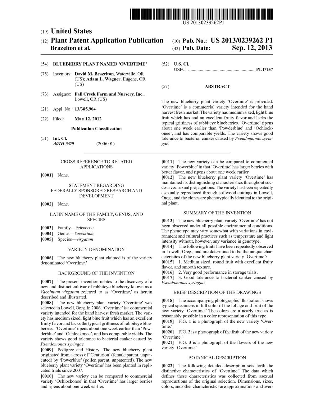 (19) United States (12) Plant Patent Application Publication Brazelton et al. US 201302392.62P1 (10) Pub. No.: US 2013/02392.62 P1 (43) Pub. Date: Sep.