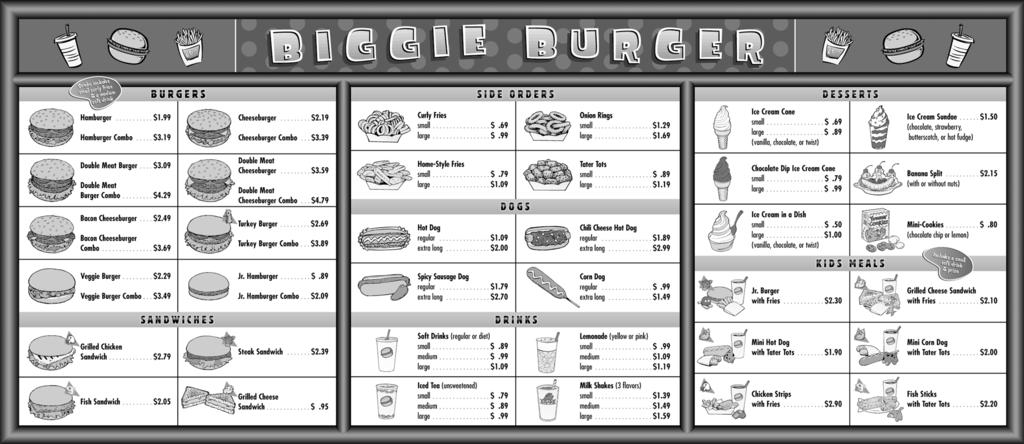 From asic Menu Math: Fast Food, by J. Haugen-McLane, 1999, ustin, TX: PRO-ED. opyright 1999 by PRO-ED, Inc.