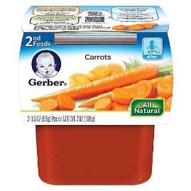 Infant Food: Carrots 40cal 7g 0g 1g 1g 30mg 6g Serving Size = 1 package or 4 oz. Carrots, Water. Infant Food: Green Beans 35cal 6g 0g 2g 1g 10mg 3g Serving Size = 1 package or 4 oz.