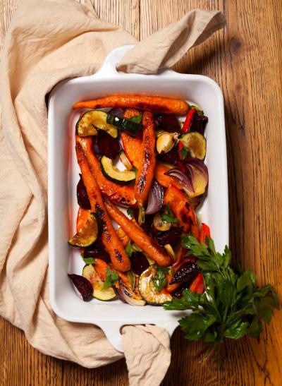 Roasted Mixed Vegetables Side Serves: 6 4 large Beetroots small bag of Shallots, peeled. 3 tbsp Olive Oil 1 small Aubergine, sliced 2 large Carrots, vertically sliced 100g Feta 100g Baby Spinach 1.