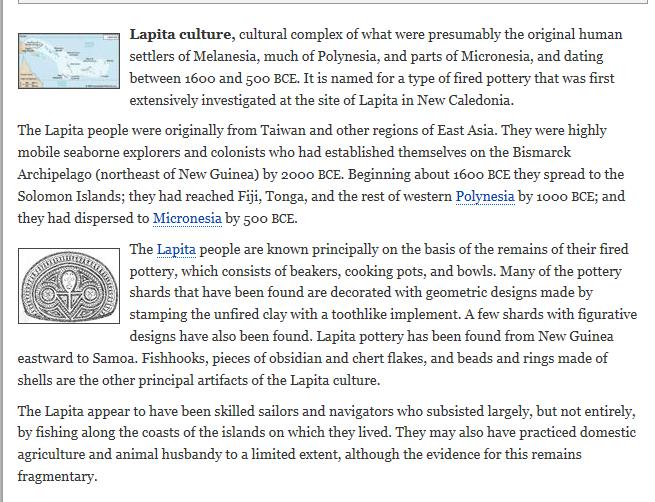 The Lapita People The Lapita lived in villages of stilt-legged houses and earth-ovens, made distinctive pottery, fished and exploited marine and aquacultural resources, raised domestic chickens, pigs