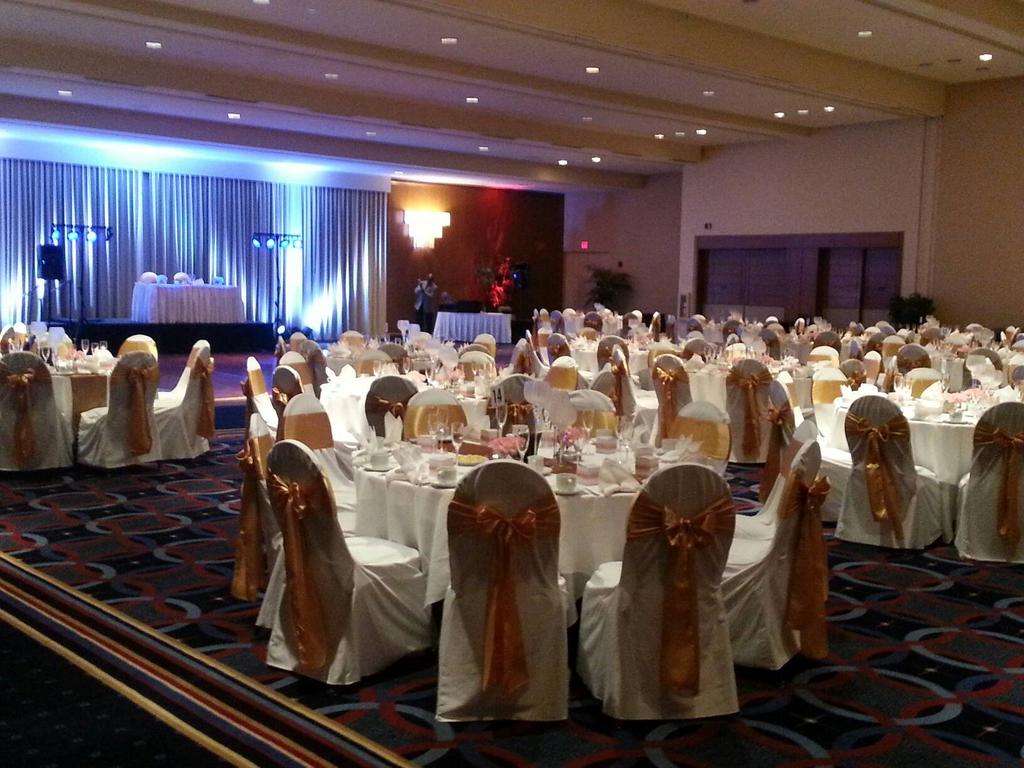 Upgraded Wedding Package DJ Service for up to Five Hours Six Piece Uplighting Package with Wedding GOBO Hotel Centerpiece with Candle White or Black Chair Covers Coordinating Chair Sash Coordinating