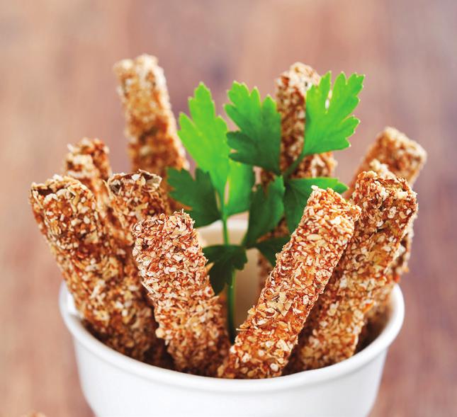 Crispy Crunchy Eggplant Sticks Servings: 6 Serving size: ½ cup sticks 1 large eggplant, washed and sliced into finger-sized sticks Cooking oil spray 1 Tablespoon vegetable oil Pepper to taste 1 cup