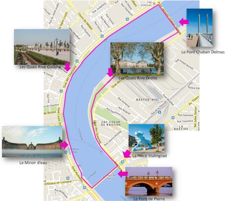 For a jog along the river, discover left and right banks by the 2 main bridges A route(course) of 6,7km.