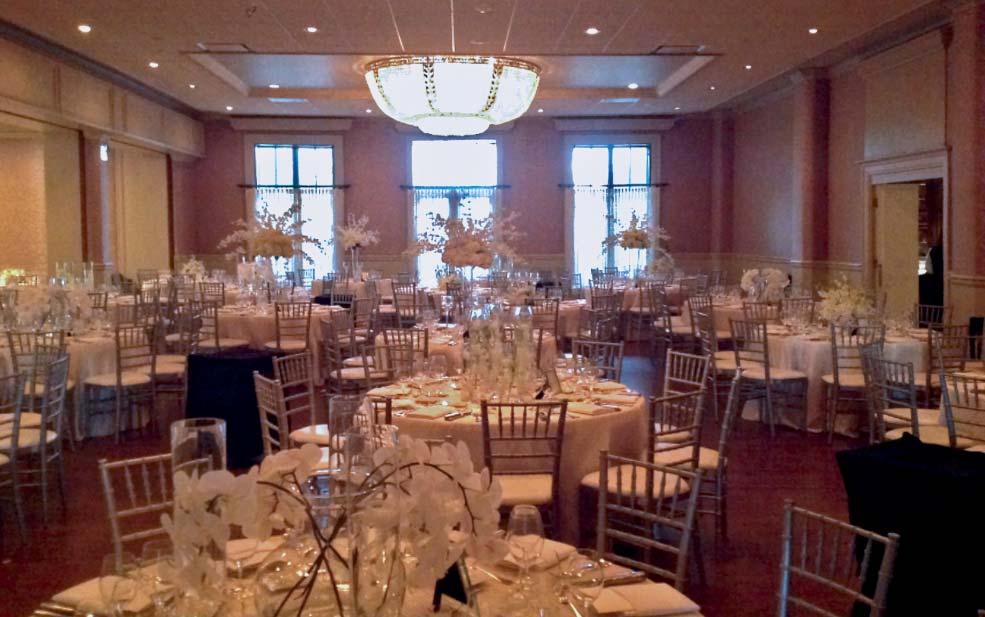 50-120+ BALLROOM The Ballroom has elegant crystal chandeliers as the focal point of the room.