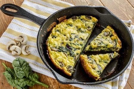mushroom and leek frittata Yield: 4 servings You will need: sauté pan, garlic press, measuring cups and spoons, olive oil cooking spray, medium sized mixing bowl, whisk, 9" pie plate (you could also