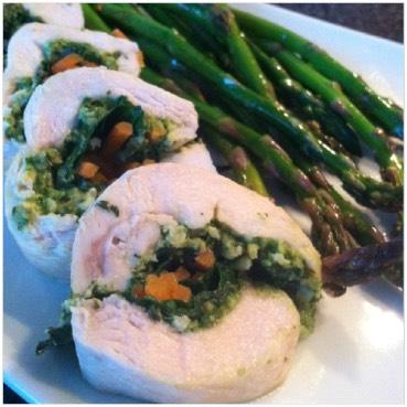 pesto stuffed chicken Yield: 4 servings You will need: cutting board, knife, grater or food processor, mallet or other pounding device, plastic wrap, toothpicks, baking sheet 4 boneless, skinless