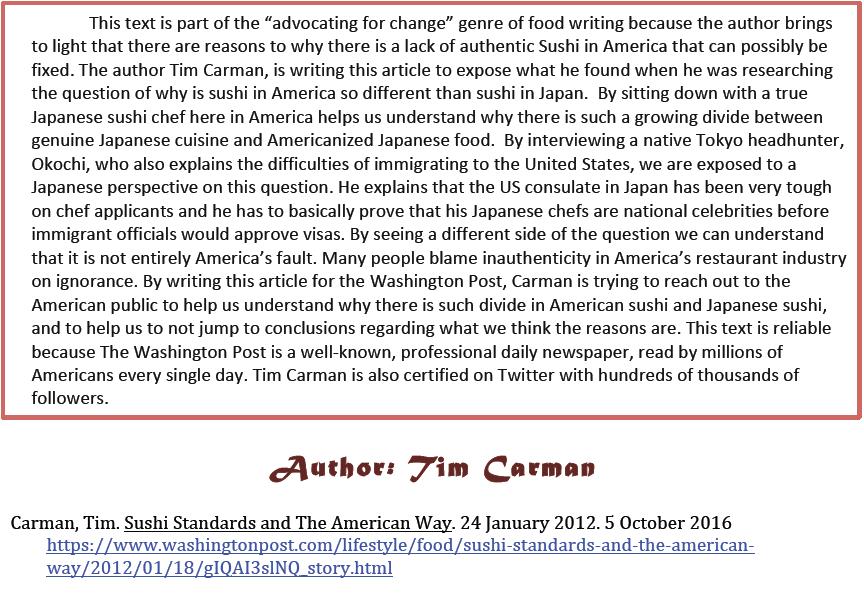 Sushi Standards and the American Way In this article, Tim Carman talks about who is actually preparing the sushi in America and why that is the reason behind the gap between authentic and