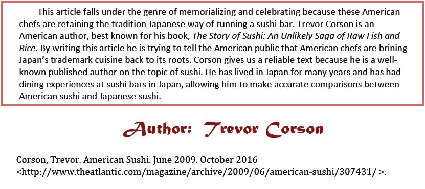 American Sushi In this article Trevor Corson begins by discussing his nostalgia for authentic sushi from when he lived in Japan.