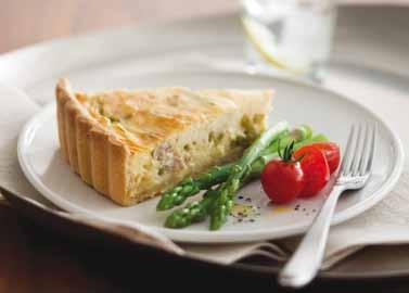Chicken and Asparagus Quiche (Round) 1.5kg Code 8269a Made with eggs, cream, cheddar cheese, Australian chicken and asparagus.