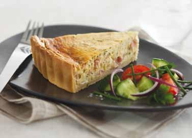 Quiche (Round) 1.5kg Code 8267a f No artificial colours or flavours Made with eggs, cream, cheddar cheese and bacon.