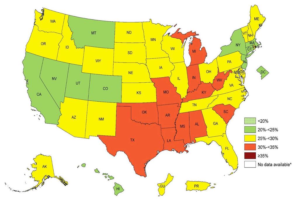 Prevalence of Self-Reported Obesity Among U.S. Adults by State and Territory, BRFSS, 2011 Prevalence estimates reflect BRFSS methodological changes started in 2011.