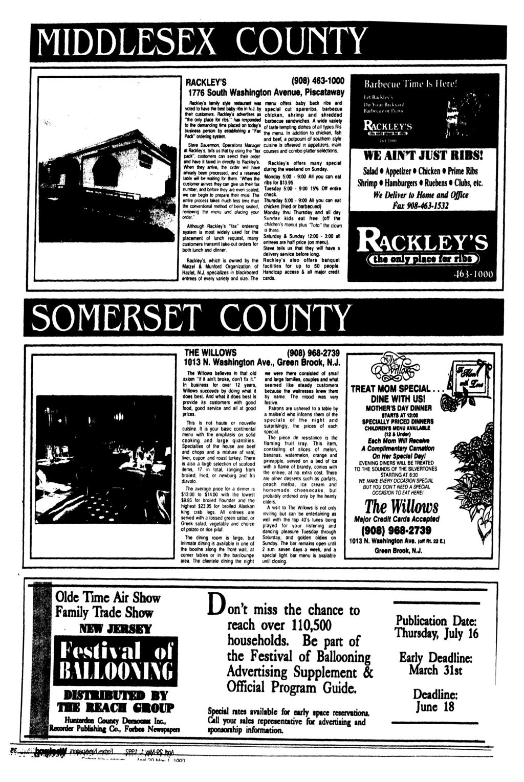 MIDDLESEX COUFiTY RACKLEY'S (908) 463-1000 1776 South Washington Avenue, Piscataway Hartley's lamhy style restaurant was voted to have the best baby ribs in N J by their customers.