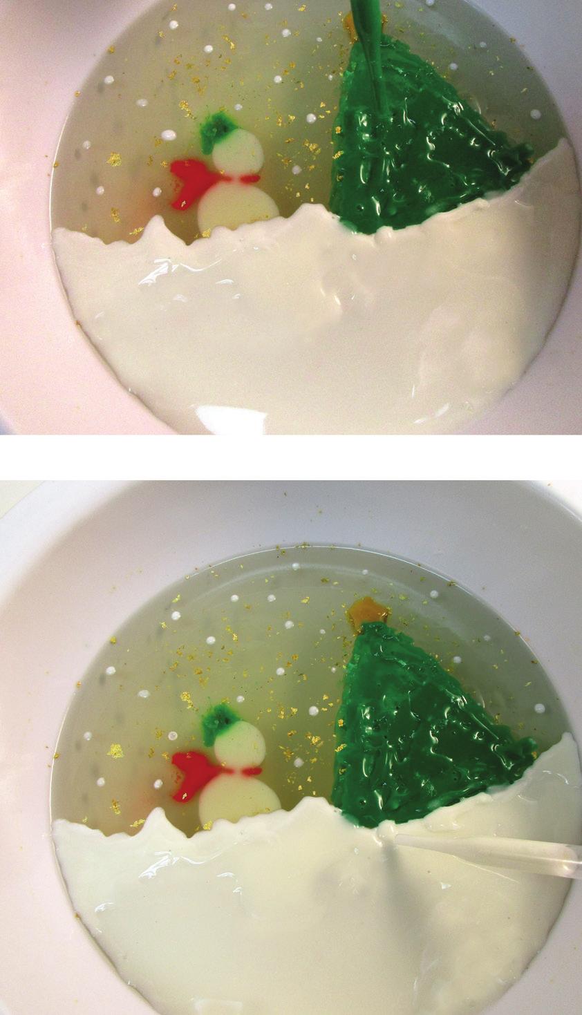 Step 22: Make some little snowflakes with milk gelatin using a dropper. Let set in the fridge for 15 minutes.