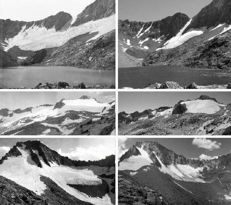 Comparison of historic and present-day photos taken at similar times of the year in the Sierra Nevada, California Aug 1883 Sept 8, 2004 Dana Glacier Aug