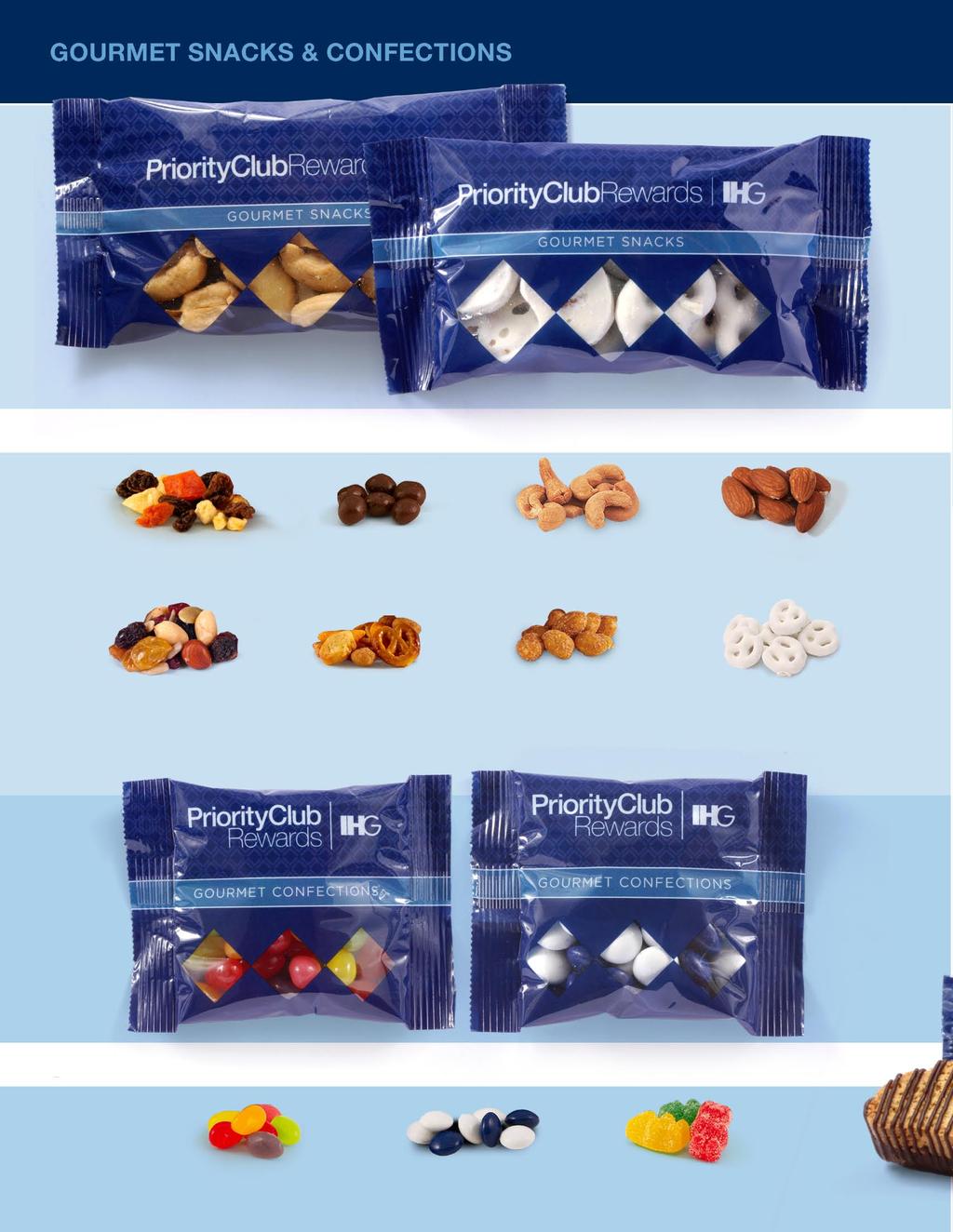 gourmet snacks (Large BagS) choose your fill P1 > Dried Fruit Snack Bag (1.25oz) $0.75 each 250 per case P2 > Chocolate Covered Raisin Snack Bag (1.25 oz) $0.