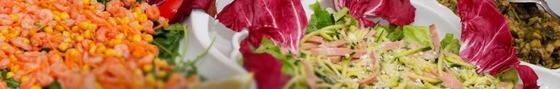 Dinner Buffet Scandinavian Style Salads: Assorted Seasonal Leaves and Vegetables Salads with Condiments, French, Italian, Yoghurt Dressing Crab and Vegetable Salad in Sour Crème Bread Rolls and