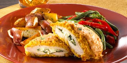 Chicken Florentine Tender breaded chicken breast stuffed with spinach, feta and bacon, and served with a creamy roasted red pepper sauce. Includes two sides and garlic bread.