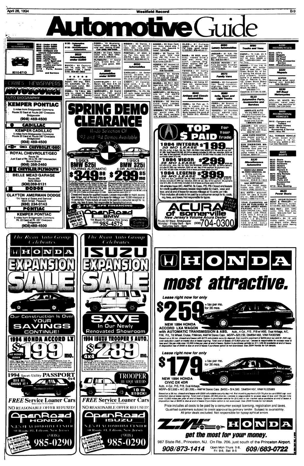 April 28, 1994 WestfieM Record B9 Si- Automotive Guide HOOO MJtOMOHILLb Mio UM*T nam M0OUmry.4M's.