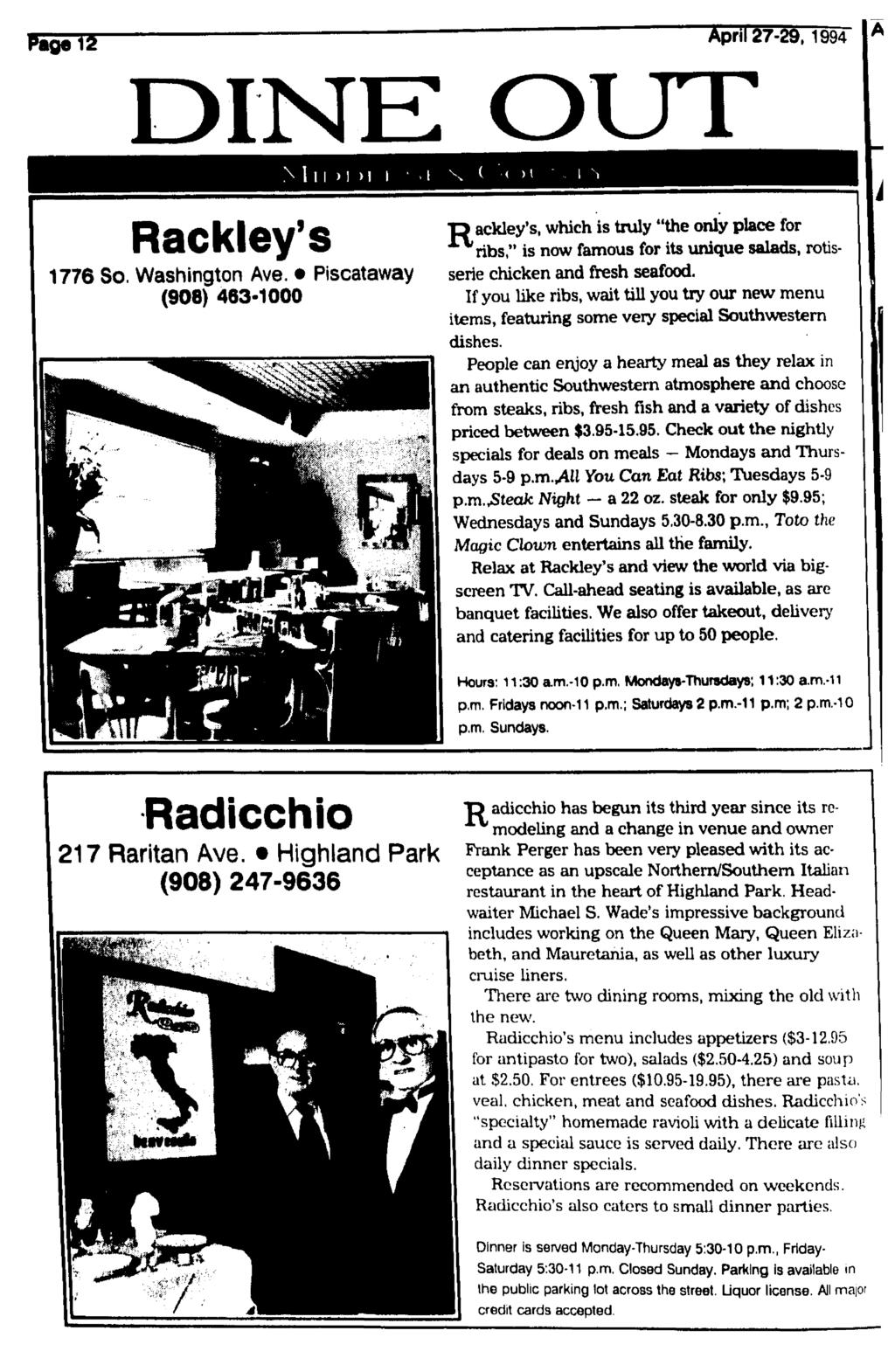 April 27-29, 1994 DINE OUT Rackley's 1776 So. Washington Ave.