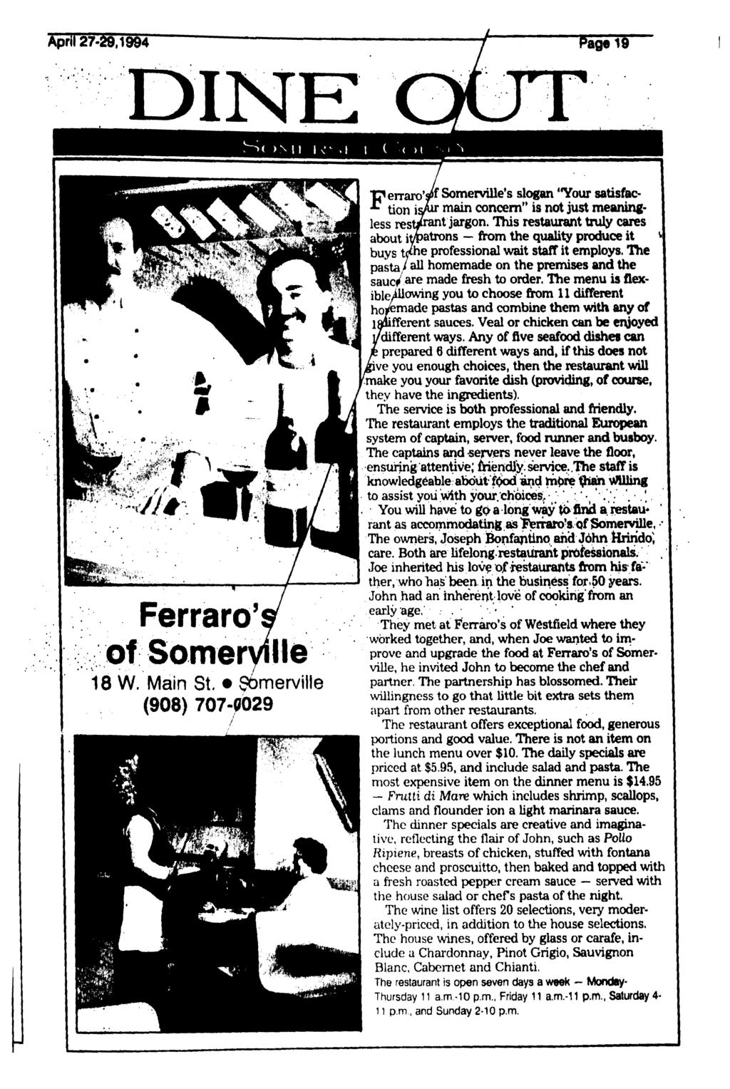 April 27-29,1994 Page 19 >MI \<^\ \ ( < >l I * Ferraro's of Someryille 18 W. Main St.