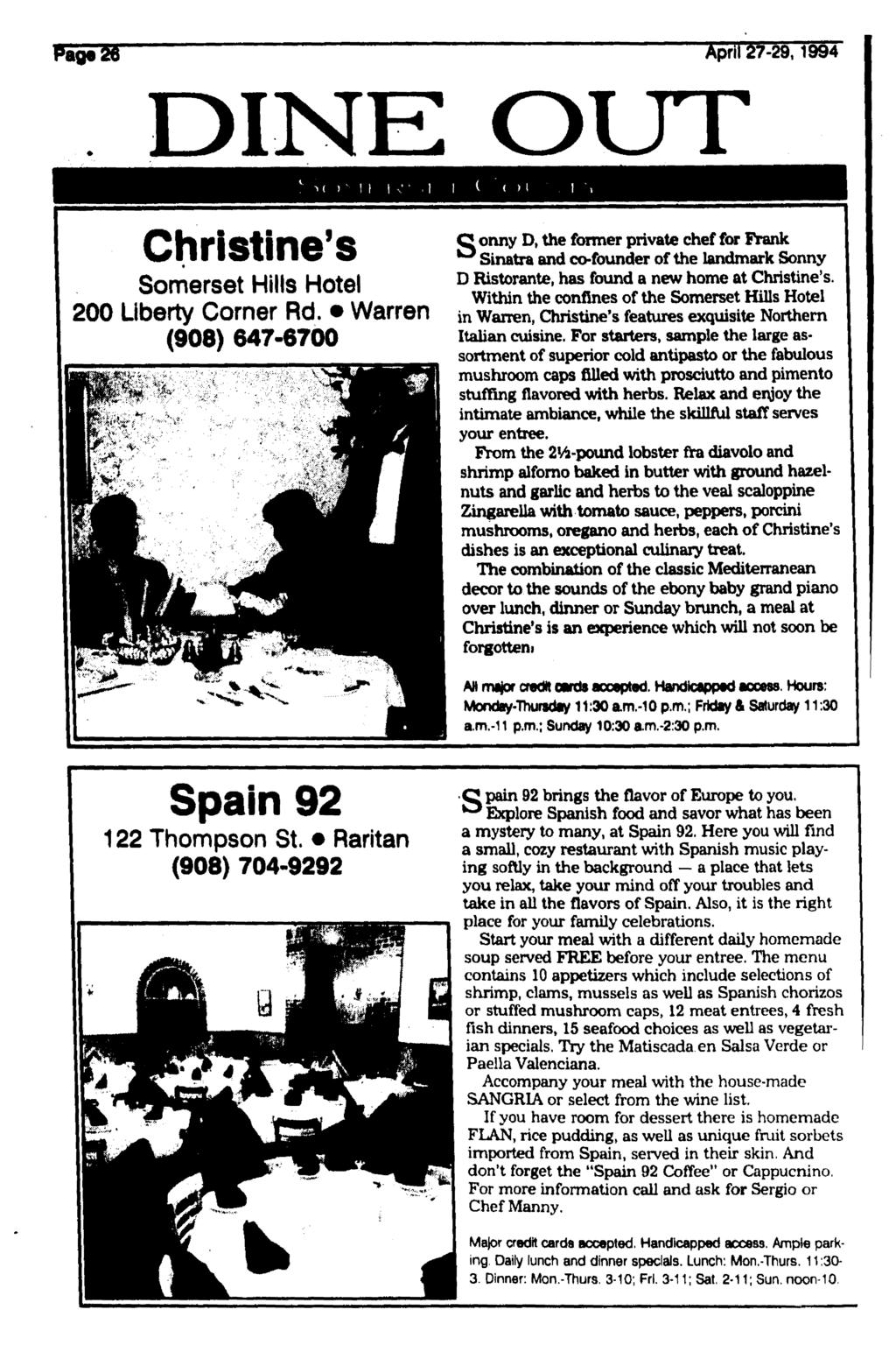 'age Aprli 27-29,1994 DINE OUT Christine's Somerset Hills Hotel 200 Liberty Corner RcJ.