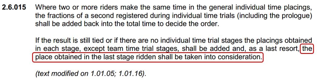 Selepas peringkat pertama, pendahulu akan memakai jersi biru (leader jersey). Sekiranya berlaku keadaan seri (tie), pendahulu akan ditentukan mengikut Peraturan UCI (UCI Cycling Regulation) Article 2.