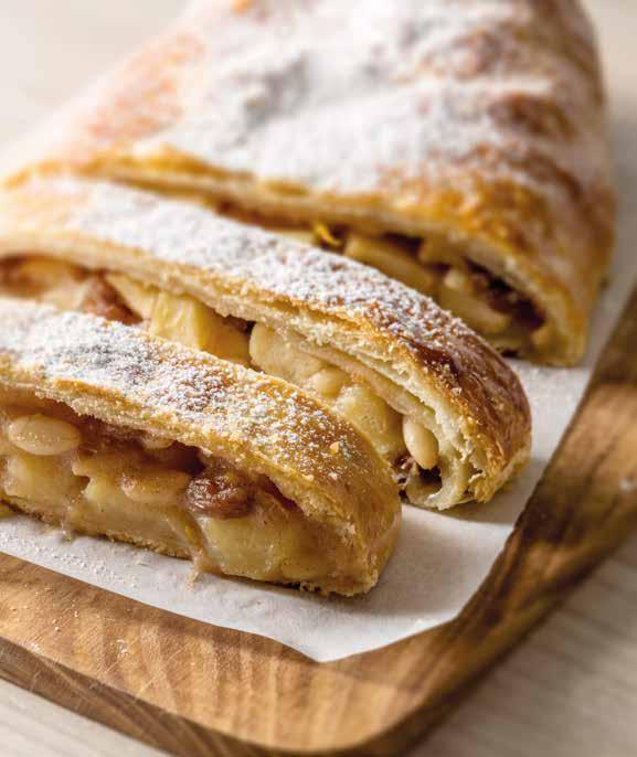 36 500 g of puff pastry (fresh or frozen), or 2 x 250 g packs of puff pastry (fresh) ready rolled 400 g of apples 50 g of raisins 50 g of flaked or chopped almonds (or pine nuts) 40 g of biscuit
