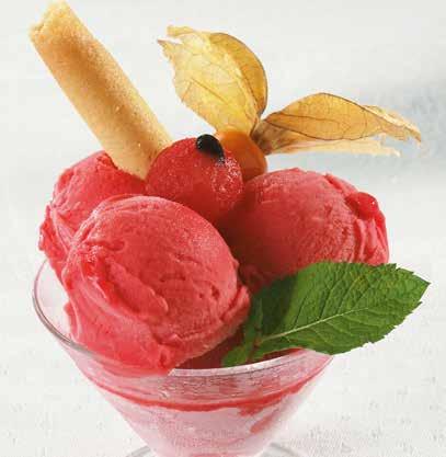 Fruity Ice Cream Strawberry Yield: 1 ice bucket, total quantity: 1 piece Red-Mango Slushi Yield: 50 dessert glasses, content 220 ml Ice Cream Strawberry 0,285 kg Cresco Lyra 100 Stir sugar and Cresco