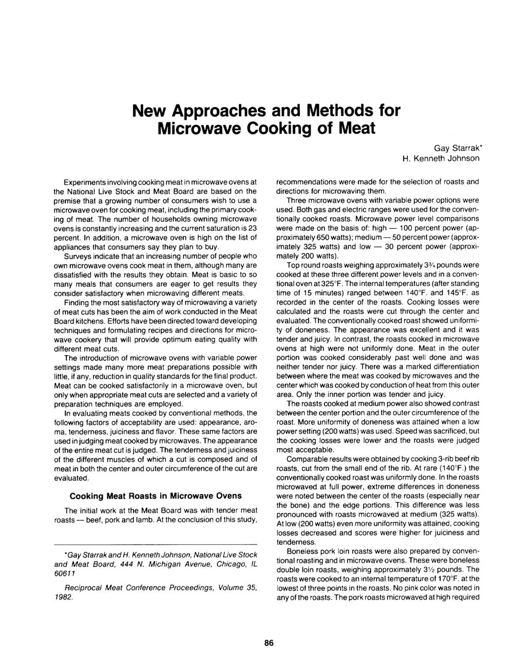 New Approaches and Methods for Microwave Cooking of Meat Gay Starrak* H.