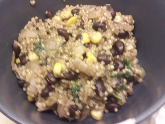 Quinoa and Black Beans 1 tsp vegetable oil 1 onion, chopped 3 cloves garlic, peeled and chopped ¾ cup uncooked quinoa 1 ½ cups vegetable broth 1 tsp ground cumin ¼ tsp cayenne pepper