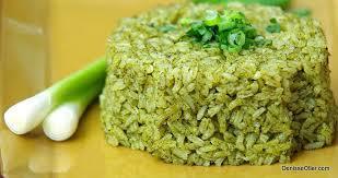 unsalted butter 1 ½ cups long-grain rice ¼ cup finely minced onion 1 clove garlic, minced Put the cilantro, spinach, and broth in a blender and blend until the vegetables are puréed.