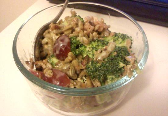 Broccoli Sesame Grape Salad 10 slices bacon 1 head fresh broccoli, cut into bite size pieces (or 1 bag frozen broccoli, thawed and microwaved till softened if you want the broccoli to be less