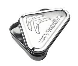 metal tin, refillable, individually sleeved with a red tear strip Embossed triangle CLICK CLACK tin Triangular silver metal tin,
