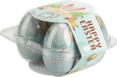 your specification, page 5 Egg box Transparent hinged plastic packaging for four milk chocolate eggs alternatively with or without