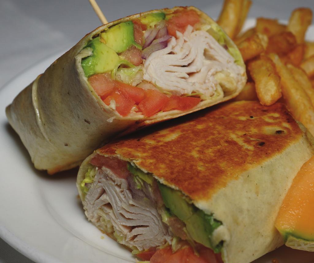 South Bay Classic Wraps All Wraps are served with French Fries, Cole Slaw and Pickle Substitute: Tossed Salad for Fries, Add 1.49 Caesar or Greek Salad for Fries, Add 2.