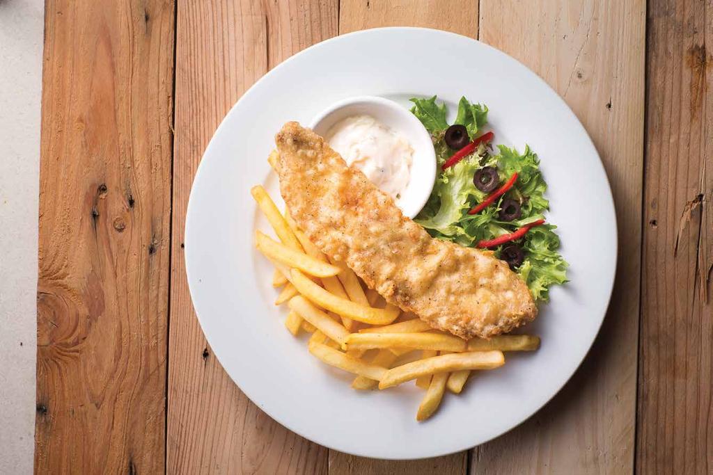 FISH AND CHIPS an all-time favourite, deep fried fish with tempura flour, served with salad,