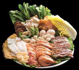meats, fish, squid and prawn, and leafy vegetables, in a specially prepared soup free of MSG or