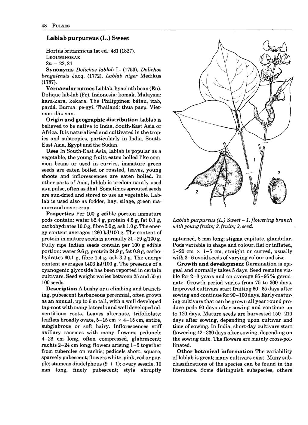 48 PULSES Lablab purpureus (L.) Sweet Hortus britannicus 1st ed.: 481 (1827). LEGUMINOSAE In = 22,24 Synonyms Dolichos lablab L. (1753), Dolichos bengalensis Jacq. (1772), Lablab niger Medikus (1787).