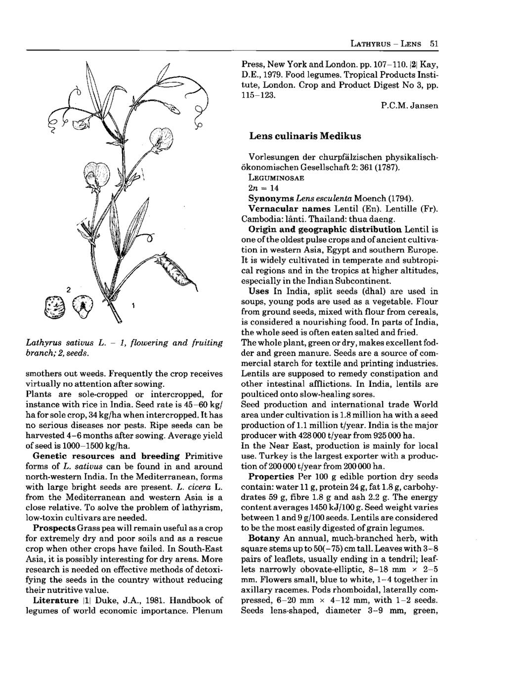 LATHYRUS - LENS 51 Press, New York and London, pp. 107-110. 2 Kay, D.E., 1979. Food legumes. Tropical Products Institute, London. Crop and Product Digest No 3, pp. 115-123. P.C.M.