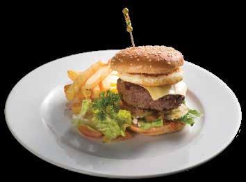 BURGER grilled succulent beef patty with fried egg, iceberg lettuce, tomatoes and cucumber, topped with a