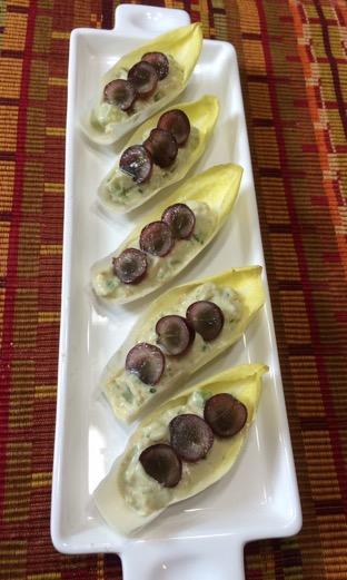 Monday, February 22, 2016 Grapes, Water Chestnuts, White Bean Dip in Endive Cups Yields approximately 50 appetizers Prep time: 30 minutes - 1 recipe roasted garlic white bean dip - 1 cup small dice