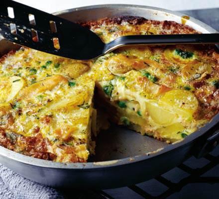 Smoked Salmon Fritata 3 cups cook sliced potatoes (450g) 4oz smoked salmon (115g) 1 tablespoon butter ¼ cup of thinly sliced onions (40g) 6 eggs 1 teaspoon Greek seasoning (5mL) ¼ cup feta cheese (37.